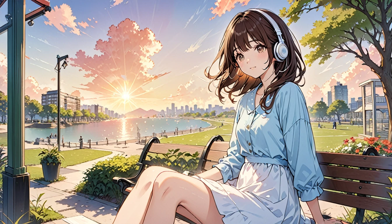 Brown-haired girl wearing headphones、Twilight Park - Very detailed、masterpiece, Highest quality, Bright - Sunset park in the background、Relaxed facial expression、Casual dress、Sitting on a bench watching the sunset 、Cowboy shot or close-up