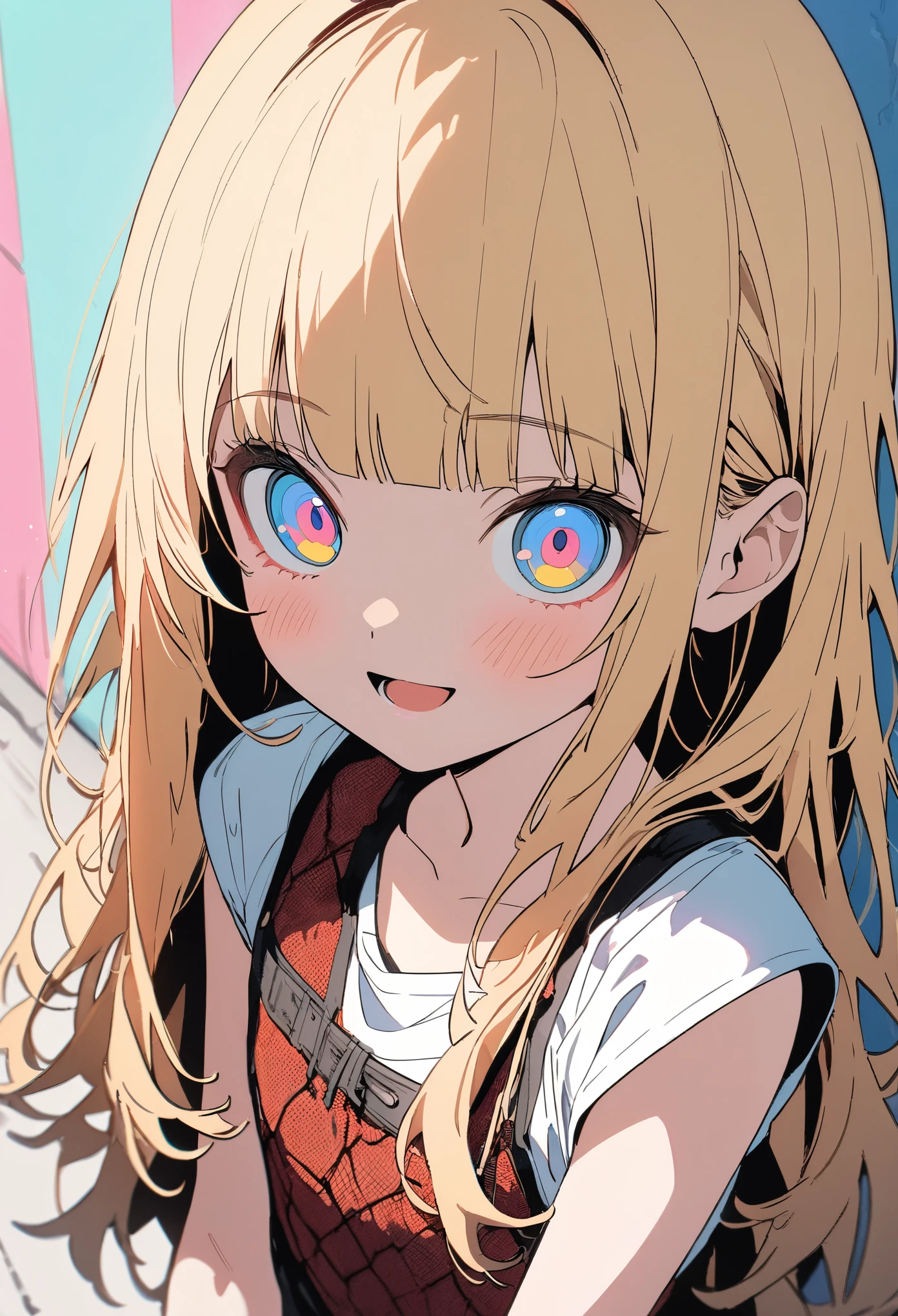 ((Masterpiece)), ((best quality)), (flat color), (flat shading), (super detail:1.2), (High Definition:1.3), ((extremely detailed)), (8K), (Professional Photography:1.2), (very aesthetic:1.2), (absurdres:1.2), (sharp focus), (perfect light), (drop shadow), (()), cute young Girl, Glossy unruly hair, (loose blunt bangs), blonde hair with red mesh, (red mesh), long hair, big eyes, (long eyelashes), ((:d)), colorful eyes, (Unfocused eyes), blush, ((dazed smile)), open mouth, ribbon belt, joy, (cute tanktop), barearms, cute cheeks, ((Place both hands at the ears)), (colorful:1.3), cute makeup, ((against the Colorful pastel wall),), cute, (❤️🖤💗💔),