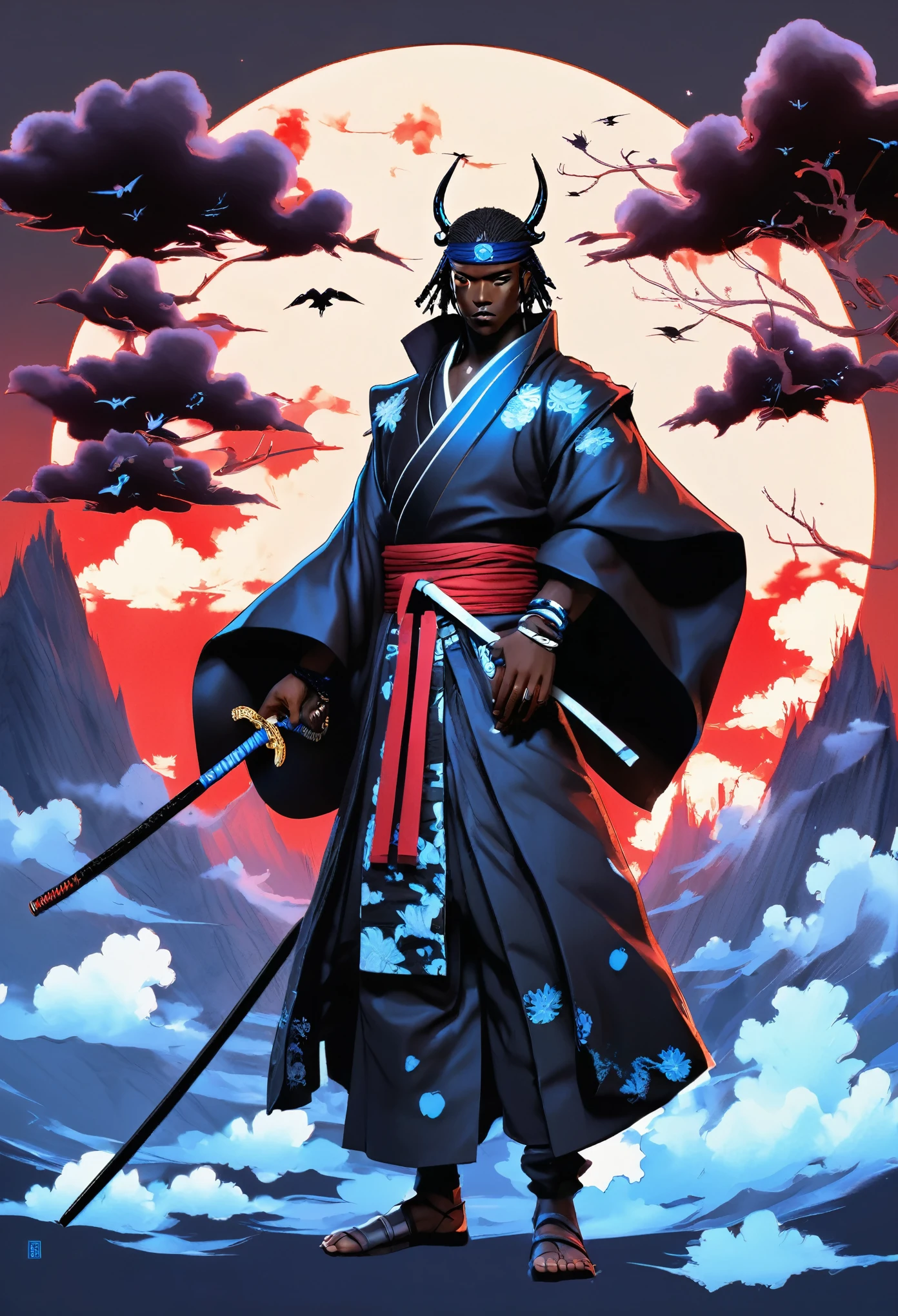 Digital artwork featuring a black man samurai anime character with a dark, mysterious aesthetic. The character has dark skin and blue eyes, partially obscured by a high-collared black cloak with blue cloud patterns. They wear a headband with a metallic plate displaying a symbol, and a traditional straw hat. The background is filled with dark, flying crows, adding to the ominous atmosphere. The overall color palette is muted, with shades of black, grey, and red dominating the scene.