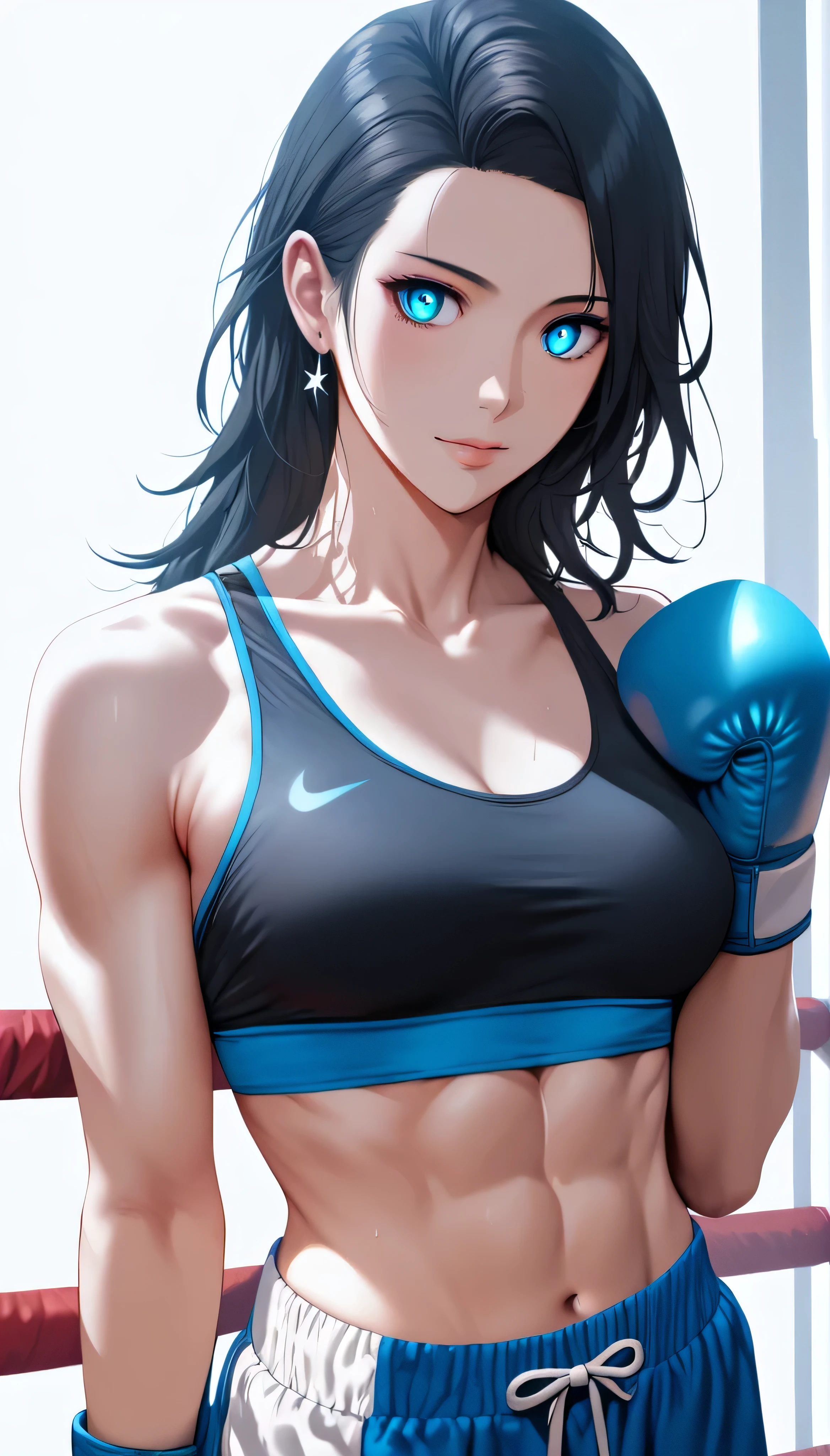 (hews art style:0.7), score_9, score_8_up, score_7_up, score_6_up, score_5_up, score_4_up, 1 girl, 23 years old, long black hair, handsome face, toned, sports bra, boxing gloves, high quality, masterpieceBREAK (masterpiece:1.2), best quality, high resolution, (illustration:0.8), (detailed eyes:1.3), perfect lighting, (perfect hands, perfect anatomy) 