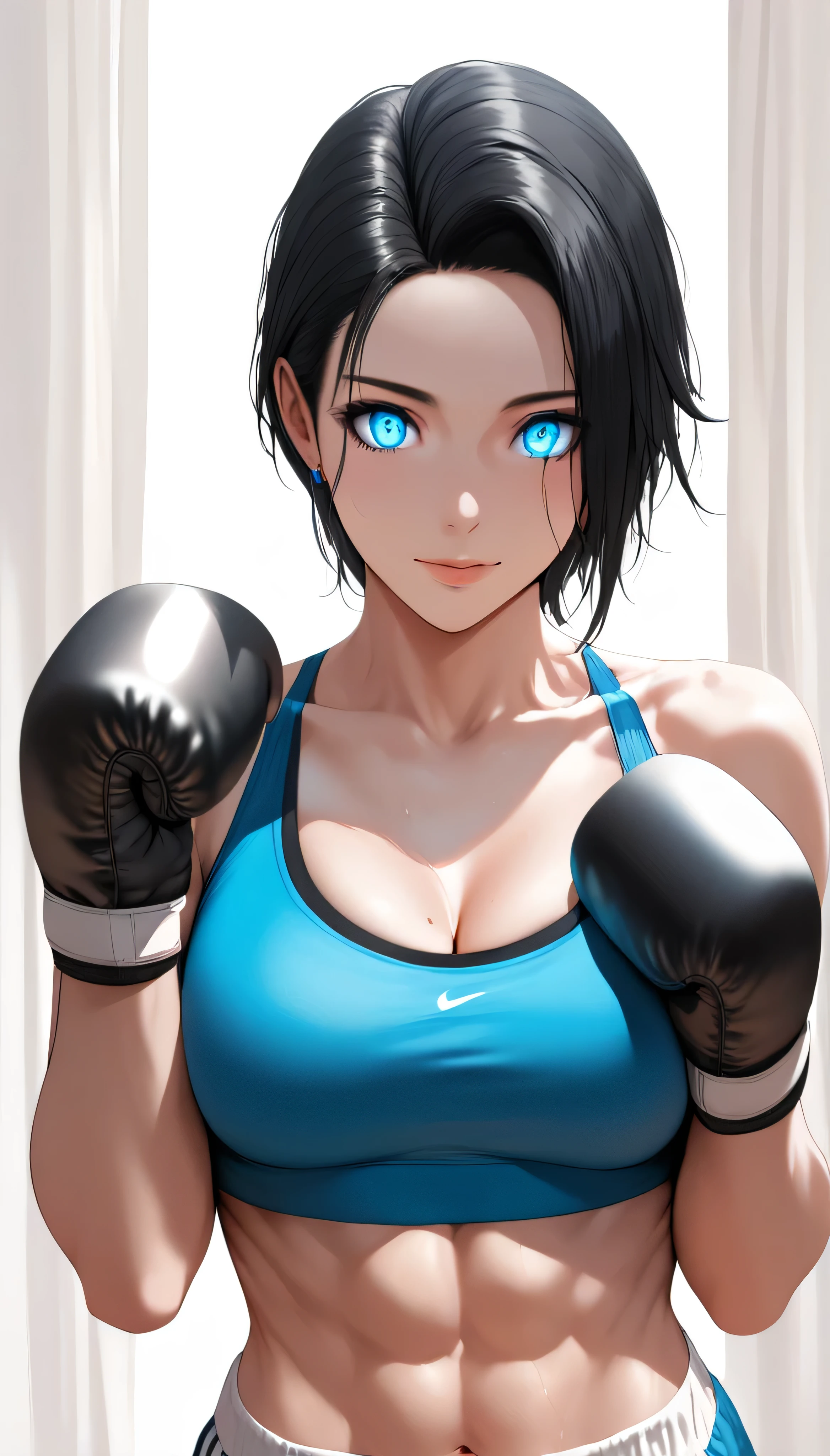 (hews art style:0.7), score_9, score_8_up, score_7_up, score_6_up, score_5_up, score_4_up, 1 girl, 23 years old, long black hair, handsome face, toned, sports bra, boxing gloves, high quality, masterpieceBREAK (masterpiece:1.2), best quality, high resolution, (illustration:0.8), (detailed eyes:1.3), perfect lighting, (perfect hands, perfect anatomy) 