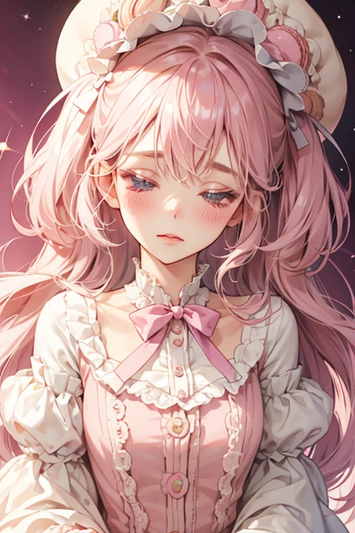 A pale pink girl macaron Num with mauve cream that matches her ribbon. She has pale blushed cheeks, a shut eye and no mouth. SPARKLE; GLITTER