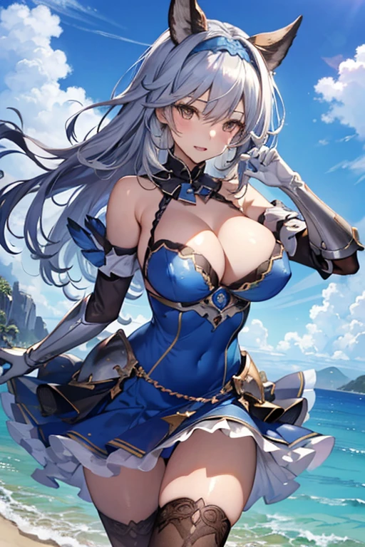 ass pov, from below, First-person view, Put your hands on the ground,
One girl,Heles,long hair,(Realistic eyes, Natural skin texture, Realistic facial details),Silver Hair,Brown Eyes,
very shiny 肌,Shiny body,plastic glitter 肌,exaggerated shiny 肌,illuminated 肌,
(Huge breasts, Glamour),Tight waist,Long legs,curve,Cleavage,erotic,Bold,Revealing clothing,show 肌,
High resolution,Sharp focus,(Super detailed,Very detailed),(Very detailed CG unity 8k wallpaper),(((Vibrant colors))),{best illustration},
Beautiful Eyes,Symmetrical eyes,Big eyes:1.5,Seductive eyes,((complete anatomy)),Perfect Fingers,
pubic hair, (erection of nipple), Camel Toe,
(((Glamorous clothing))),HelesBase, blue dress, overskirt, cleavage, shoulder armor, Scapula, Sai High Knee Socks,armor, gloves, hairband,  smile, Open your mouth,embarrassed, 

Cumulonimbus,Surrounded by water, reflection,Breathtakingly beautiful clouds,Light,Dazzling Light,Cinematic Light.The wind is blowing,Vast ocean,
White sand beach,Coconut Tree,Sparkling Splashes,Shallow seas,Rocky area,
