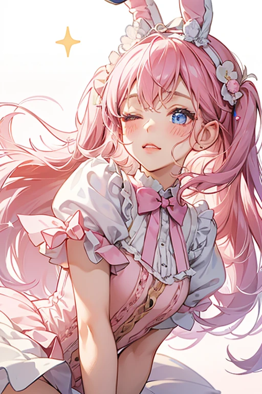 A split-colored macaron girl  bunny with grape-colored cream and a ribbon on her ears. Her top is baby pink and her bottom is light blue. She has pale blushed cheeks and no mouth, one eye shut. SPARKLE; GLITTER