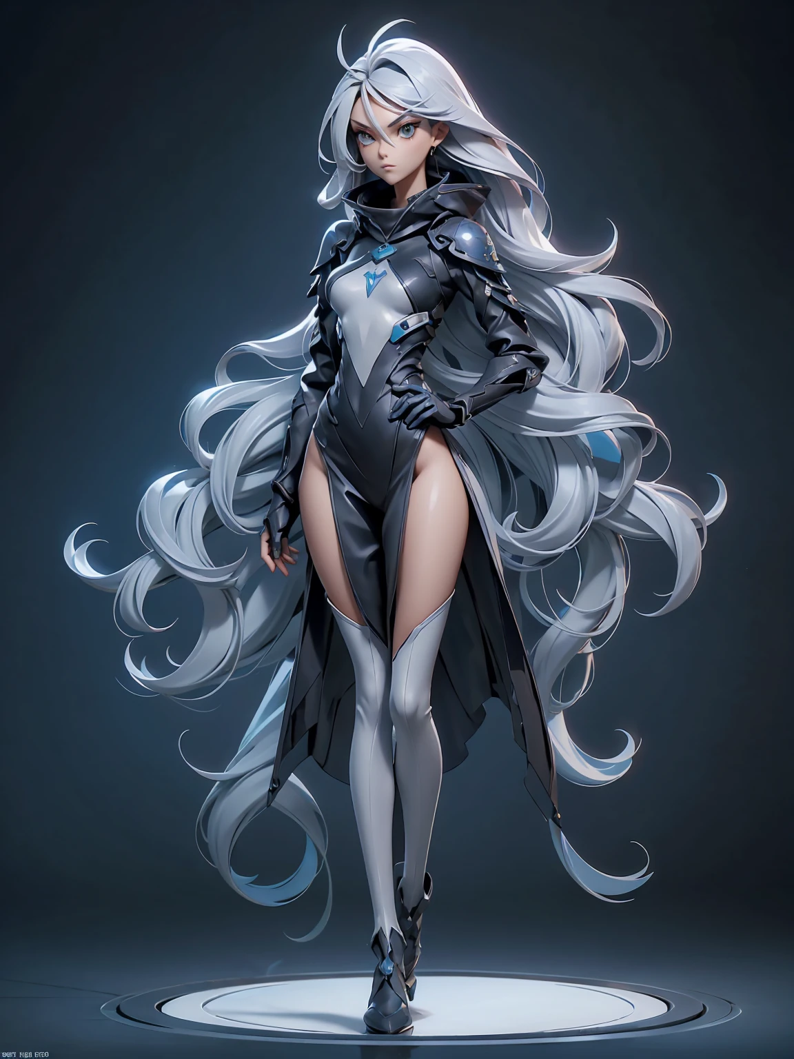 Design a layout showcase Gaming character, (1girl). Blue + silver sleek clothes, stylish and unique, long hair, stylish and wavy ((full_body_shot:1.4)))
