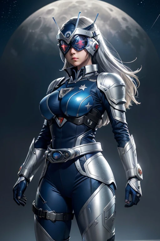 ((masterpiece、Highest quality、Very detailed、High resolution、Realistic、Sharp focus、Cinema Lighting))、(((1 adult female:1.6、Hourglass body type:1.9、Big Breasts)))、blonde、Bust Shot、High Contrast、Military black reinforced armor suit、Intricate details、黒の軍用フルフェイスHelmet、Black combat goggles、Black sunglasses、Full Face Armor、Gunfire、 Detailed depiction of the hand、Looking at the audience、Combat pose、Dynamic Action、Came、name: Kamen Rider Selene Gender: Female Age: Age 25 Occupation: Appearance height of astronomers and heroes: 170cm body type: スリムで筋肉質な髪color: シルバーblondeのヘアスタイル: Long Hair、ポニーテール
目のcolor: 藍color
【【Costume Design:
color: ((Metallic blue and silver as base colors、A star-studded design reminiscent of the night sky.:1.3))。
Helmet: On a silver pedestal、Blue visor。The visor is decorated with a moon shape..。
armor: Made from lightweight titanium alloy、Emphasis on ease of movement。Streamlined shoulder and knee protectors。
boots and gloves: Boots are knee-length、Elbow-length gloves。どちらも銀colorです、There is a blue line。
Weapons and Equipment Main Weapon:
name: Lunar Blade Design: Moon-shaped sword、Features shiny edges。The handle is decorated with a star。
Secondary Weapon:
name: Stardust Shooter Design: Small light gun、Fires star-shaped energy bullets。
((Transformation Belt:
name: Selene Driver Design: Silver and blue belt、The moon and star emblem shines in the center..:1.6))。The emblem lights up when transforming..、Star effect appears。】】