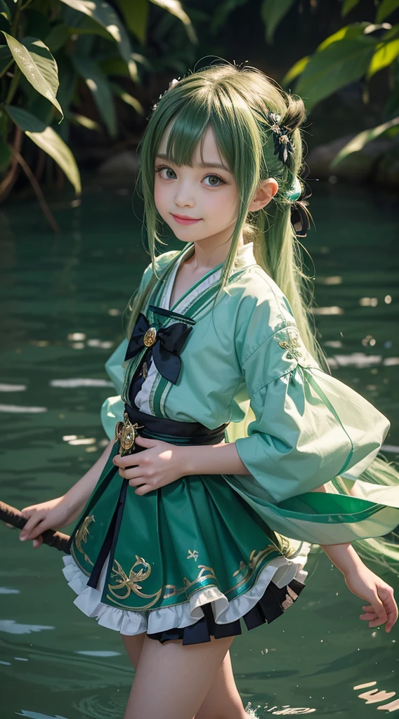 1 Girl, Solitary, Hair accessories, Green Hair, Double tail, Long hair, skirt, water,, medium shot portrait photography (a child) From genshin impact,, Dark fantasy background, Charming smile., Greg Lutkowski and Walt Disney's surreal、Highly detailed, complex, realistic analog-style photos、Focus on the eyes, light,, , ,nffsw, nffsw, 8K