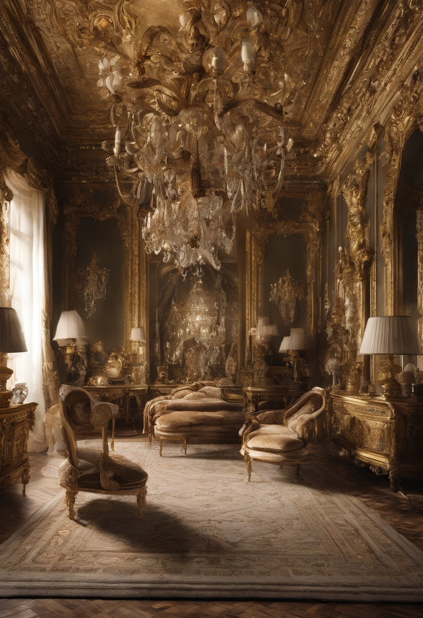 And now I felt a gentle push on my lower back, and a tug on my hand, as if the room itself was inviting me in. "Nope, meus sapatos...&quot; started, but the push and pull became firmer and I found myself clumsily crossing the threshold, no veludo carmesim bordado. The furniture was as grand as the room itself., esculpido, golden and polished until it shined in the sunlight that came through the windows. Havia uma cama enorme sobre um estrado, dossel em ouro com uma colcha branca transparente; a maior penteadeira que eu poderia imaginar, covered with brushes and combs and cut glass bottles of perfumes and cosmetics; a desk so elegant I could barely imagine sitting at it; and rich golden velvet sofas and chairs spread throughout the room, para que eu pudesse sentar em quase qualquer lugar se tivesse vontade de repente. Eu dei outro passo para dentro da sala, my eyes wandering from the beautiful walls to the magnificent furniture and to the high ceiling with hanging crystal chandeliers - the room was so big it needed five of them.