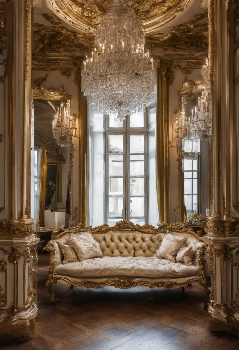 And now I felt a gentle push on my lower back, and a tug on my hand, as if the room itself was inviting me in. "Nope, meus sapatos...&quot; started, but the push and pull became firmer and I found myself clumsily crossing the threshold, no veludo carmesim bordado. The furniture was as grand as the room itself., esculpido, golden and polished until it shined in the sunlight that came through the windows. Havia uma cama enorme sobre um estrado, dossel em ouro com uma colcha branca transparente; a maior penteadeira que eu poderia imaginar, covered with brushes and combs and cut glass bottles of perfumes and cosmetics; a desk so elegant I could barely imagine sitting at it; and rich golden velvet sofas and chairs spread throughout the room, para que eu pudesse sentar em quase qualquer lugar se tivesse vontade de repente. Eu dei outro passo para dentro da sala, my eyes wandering from the beautiful walls to the magnificent furniture and to the high ceiling with hanging crystal chandeliers - the room was so big it needed five of them.