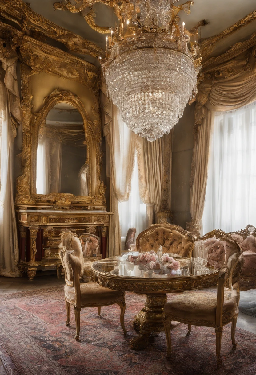 And now I felt a gentle push on my lower back, and a tug on my hand, as if the room itself was inviting me in. "Nope, meus sapatos..." started, but the push and pull became firmer and I found myself clumsily crossing the threshold, no veludo carmesim bordado. The furniture was as grand as the room itself., esculpido, golden and polished until it shined in the sunlight that came through the windows. Havia uma cama enorme sobre um estrado, dossel em ouro com uma colcha branca transparente; a maior penteadeira que eu poderia imaginar, covered with brushes and combs and cut glass bottles of perfumes and cosmetics; a desk so elegant I could barely imagine sitting at it; and rich golden velvet sofas and chairs spread throughout the room, para que eu pudesse sentar em quase qualquer lugar se tivesse vontade de repente. Eu dei outro passo para dentro da sala, my eyes wandering from the beautiful walls to the magnificent furniture and to the high ceiling with hanging crystal chandeliers - the room was so big it needed five of them.