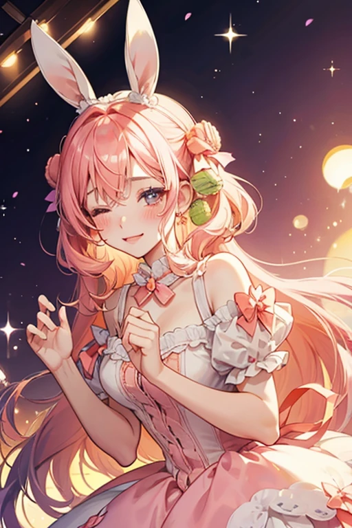 A chiffon macaron girl bunny with pale blushed cheeks and no mouth, one eye is shut. She has white cream and a peach ribbon. SPARKLE; GLITTER