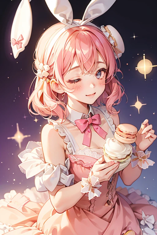 A chiffon macaron girl bunny with pale blushed cheeks and no mouth, one eye is shut. She has white cream and a peach ribbon. SPARKLE; GLITTER