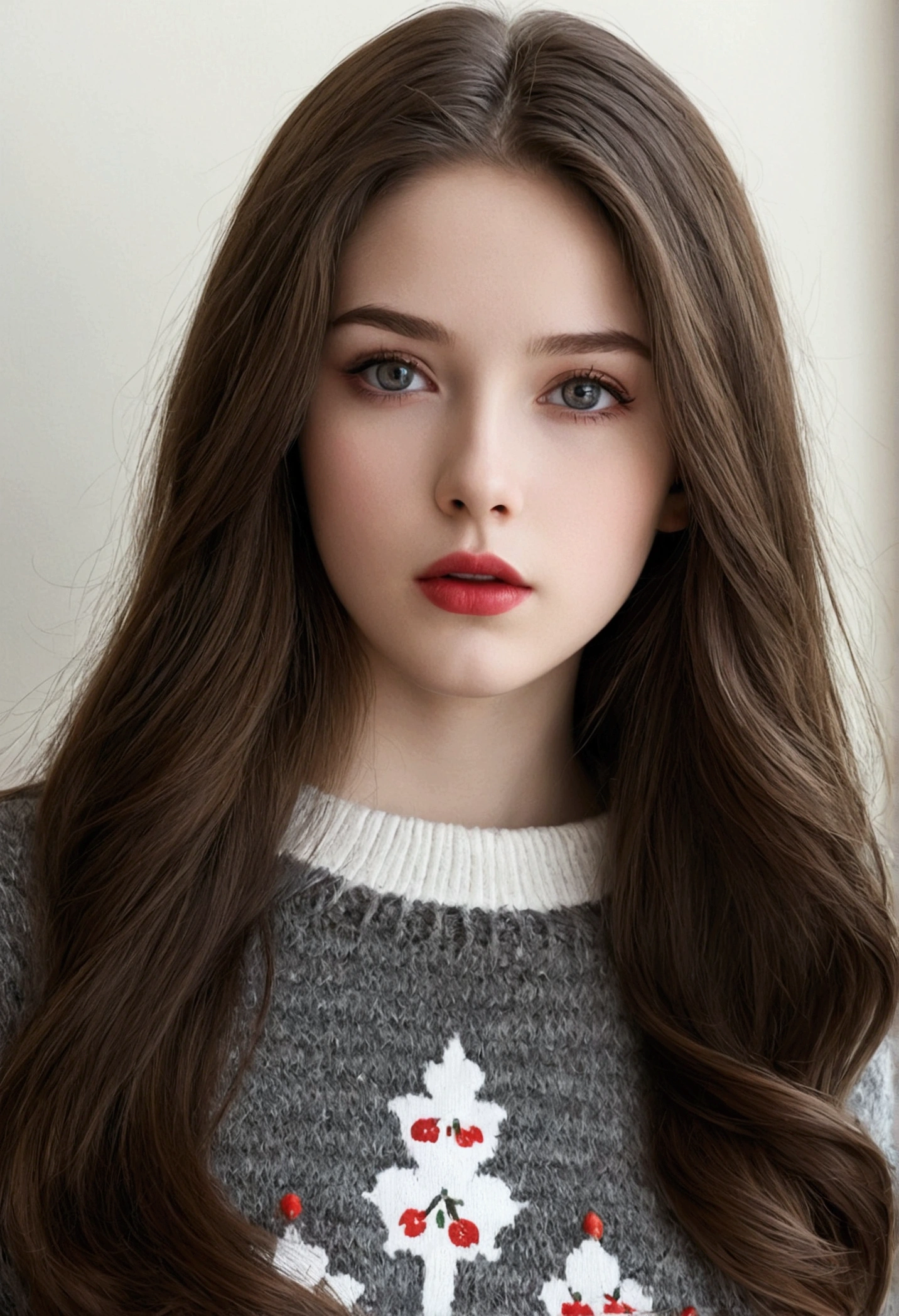 Girl, long brown hair, gray eyes, sharp features, white skin, cherry lips, sweater