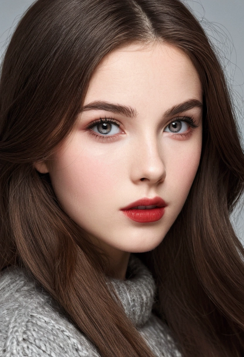 Girl, long brown hair, gray eyes, sharp features, white skin, cherry lips, sweater