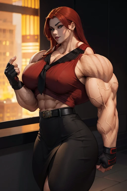 ((Close-up)), tall, (red hair) beautiful muscular asian woman, long hair, pale white skinned, closed smile, (black lipstick), big breast, (massive muscles), (hyper muscle), ((ginormous bulky muscles)), glowing yellow eyes, (((red sleeveless pleated shirt))), ((black pencil skirt with belt)), (fingerless gloves), (necktie), high heels, (flexing muscles), night in rooftop,