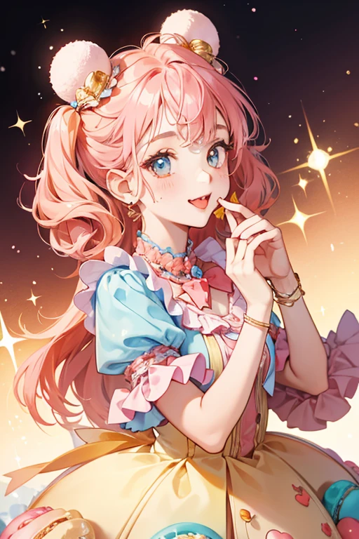 A beige and magenta cotton candy puff. She has a happy-winking expression with a blue bow. SPARKLE; GLITTER