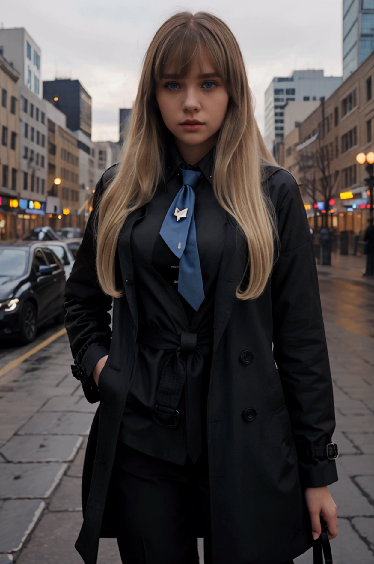 young girl with long straight blonde hair with bangs with blue eyes wearing a long black trench coat, tie and black pants, city background