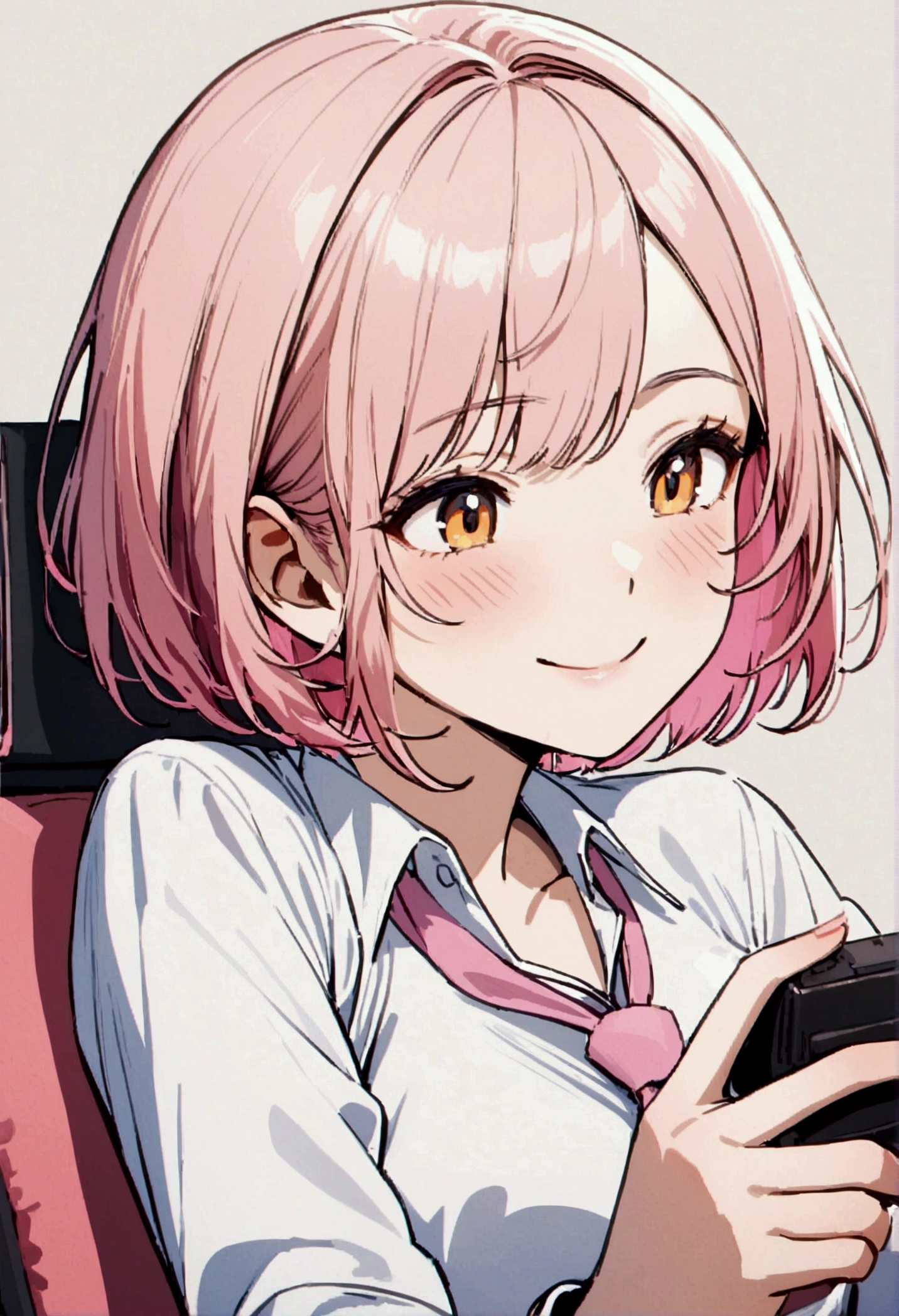 Young woman, short hair, pink-yellow hair, Blue Makeup, white shirt, pink necktie, simple background, smiling, blushing, playing computer games