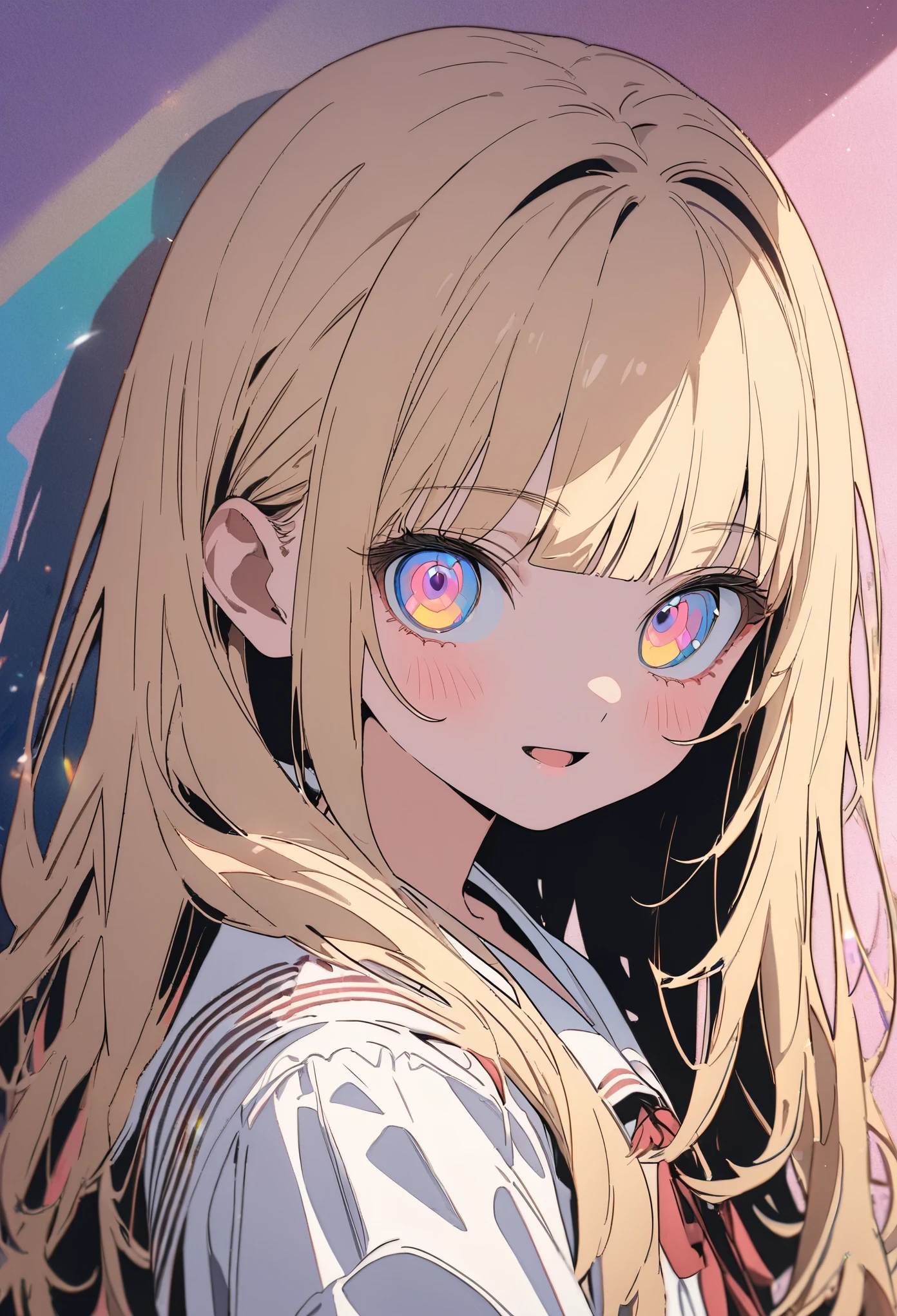 ((Masterpiece)), ((best quality)), (flat color), (flat shading), (super detail:1.2), (High Definition:1.3), ((extremely detailed)), (8K), (Professional Photography:1.2), (very aesthetic:1.2), (absurdres:1.2), (sharp focus), (perfect light), (drop shadow), ((12 years old)), cute young Girl, Glossy unruly hair, (loose blunt bangs), blonde hair with red mesh, (glitter eyes), long hair, big eyes, (long eyelashes), ((:d)), colorful eyes, (Unfocused eyes), blush, ((dazed smile)), open mouth, ribbon belt, joy, (cute tanktop), barearms, cute cheeks, ((Place both hands at the stomach)), (colorful:1.3), cute makeup, ((against the Colorful pastel wall),), cute, (❤️🖤💗💔),