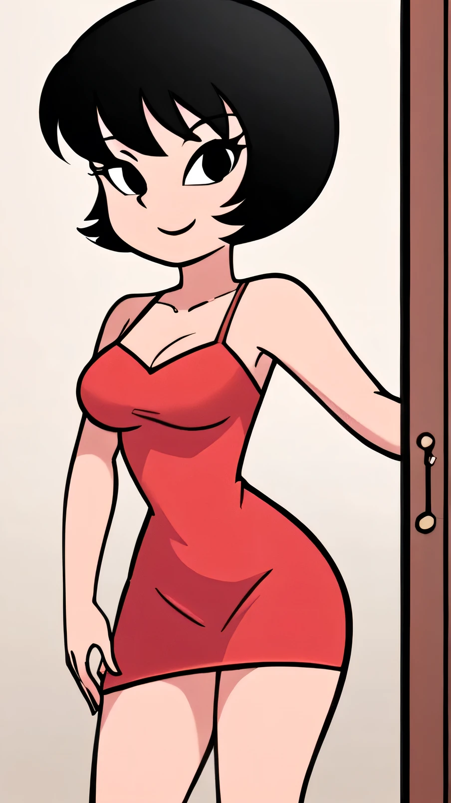 Jucika, digital media, black eyes, black hair, short hair, flat color, flat graphic style, white skin, zPDXL, best quality, amazing quality, score 9, 1girl, looking at viewers, bare shoulders, red dress, taut dress, spaghetti strap red dress, sleeveless, medium breast, standing in her bedroom, 1 girl, solo, close up portrait, seductive smile
