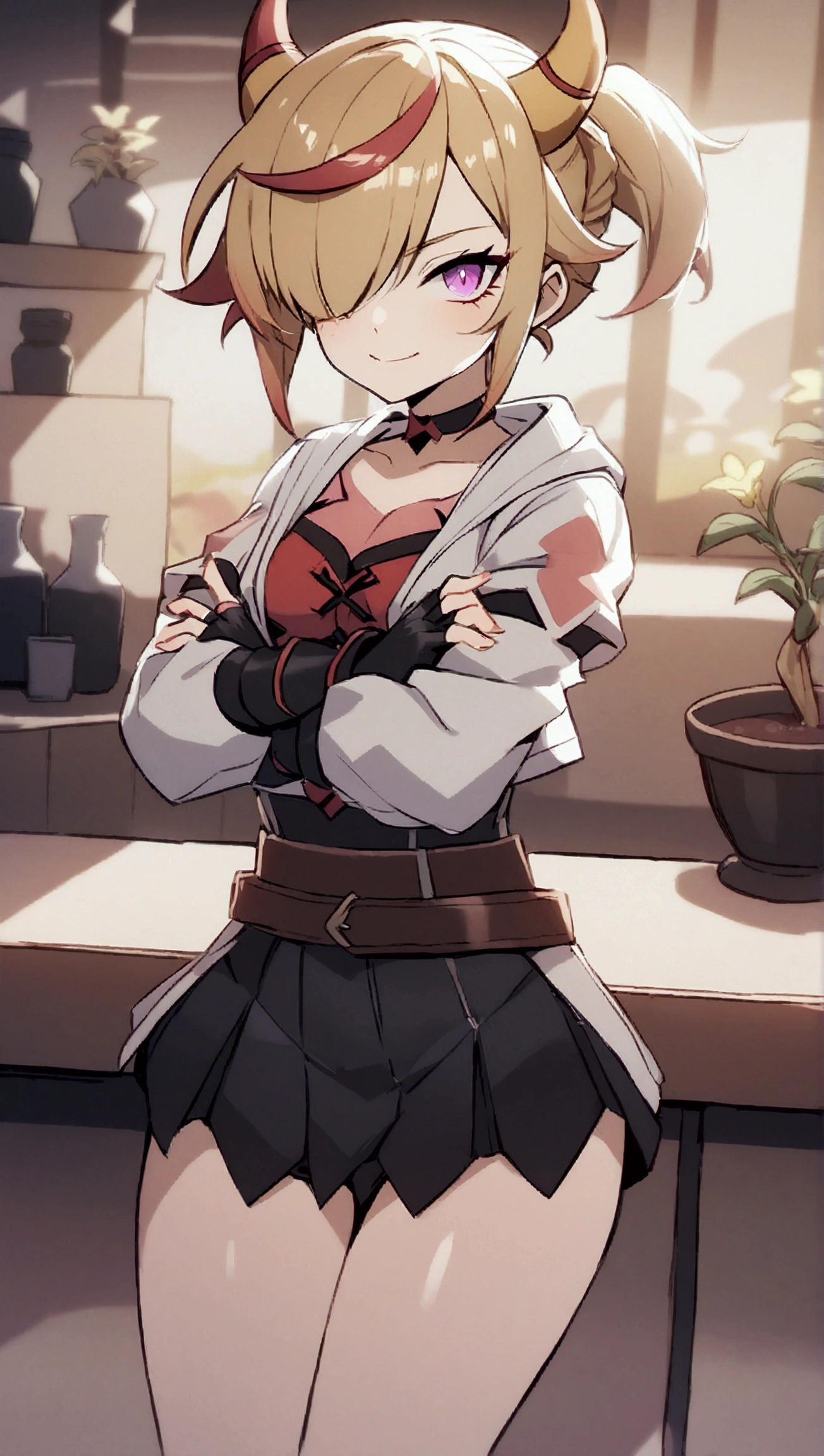 (best qualityer:1.2),standing alone,1 girl,mdrin,sorrisomaligno,looking ahead at viewer,crossed arms,hypdertailed,glowing purple eyes,white jacket,Red shirt,gloves fingerless,Black Skirt,choker,illustration,floral garden background,warm color tones,soft lighting, hair over one eye, horn hair, standing on top main, long boots