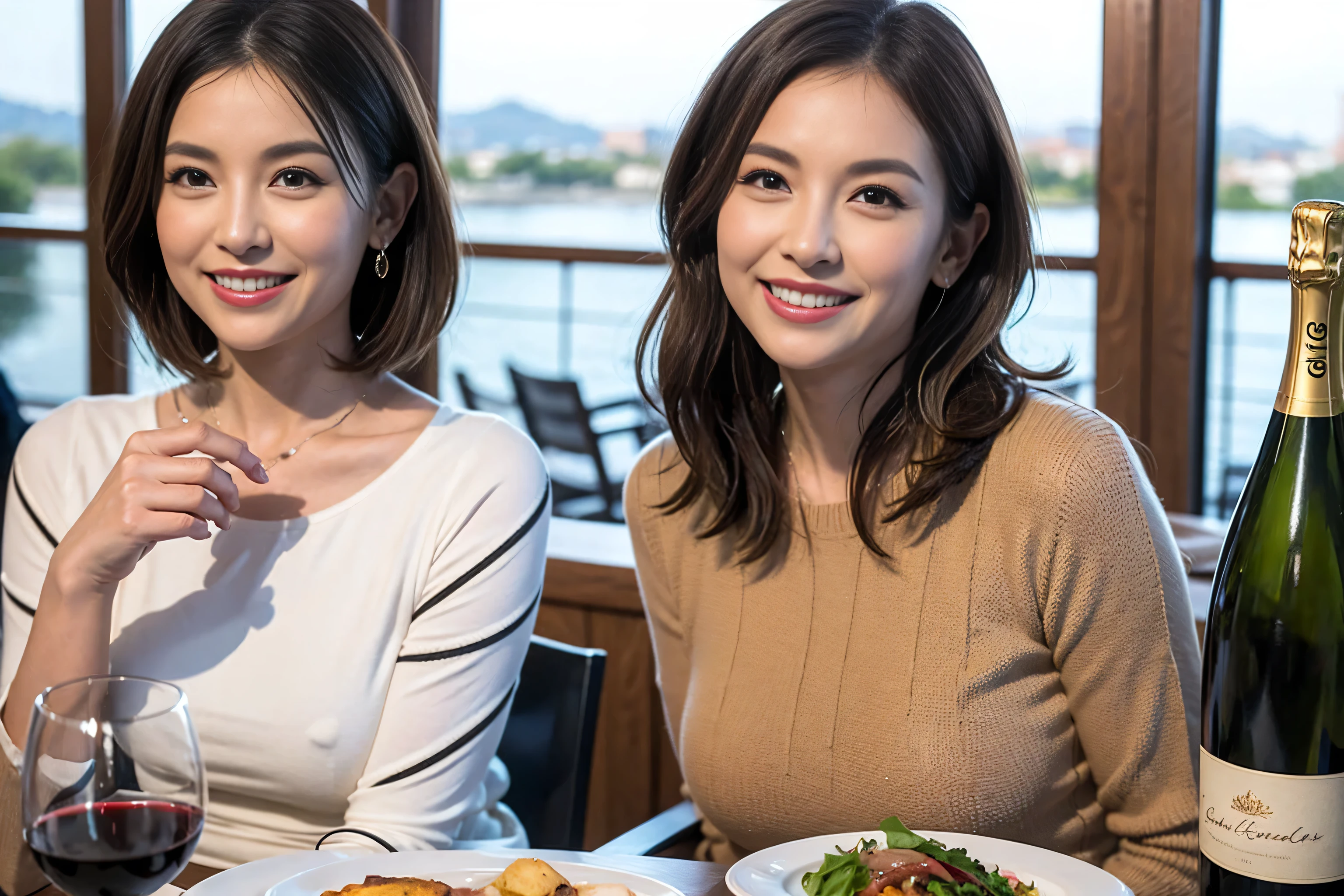(Realistic:1.1),(masterpiece,Highest quality),8k,(49 years old), 53 years old, slimカップル、Tight waist,Upper Body,full-course dinner、wine 、Amazing view of the sunset sky and clouds、Perfect Anatomy, Brown Hair, short hair,Random Hairstyles,((Highly detailed face and eyes:1.2)),Perfect golden ratio face,Long sleeve shirt、dress,(smile:1.2)、Shortcuts、cute、(Realistic, Intricate details:1.2), A bright smile、short hair,Bright Face、赤wine 、Appetizers、Italian food、wine bottle、Champagne、スパークリングwine、(slimな顔), (The body is slim), (Brown Hair), (Shortcuts), Upper Body, 白wine, slim, wineグラス,