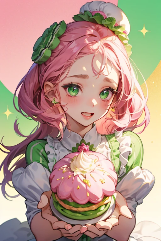 A green girl macaron with a squinting eye, pink blushed cheeks and a wide opened mouth. She has pink cream filling along with a slightly dark green drizzle on her forehead. On her head is a dollop of white cream. SPARKLE; GLITTER