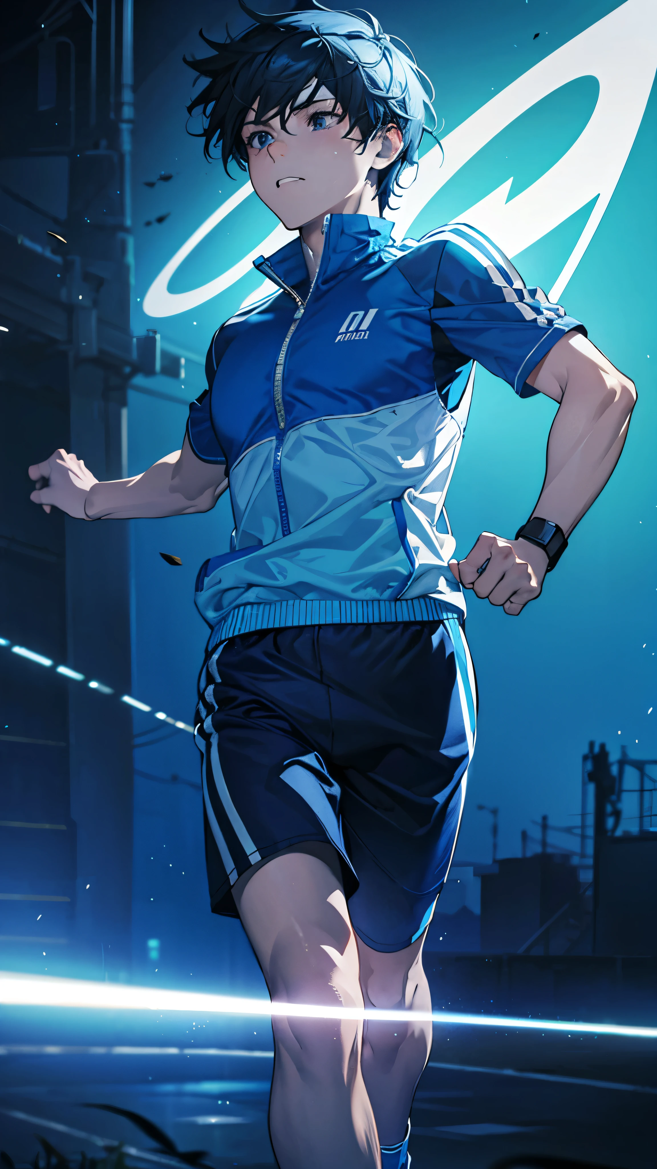 running, Blue sportswear, Run, male, cinematic lighting, UHD, high details, best quality, highres, 8k