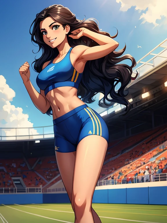 beautiful 23-year-old Pakistani girl, wearing track outfit, dressed in blue sports bra and blue sports bottoms, long hair, wavy hair, smiling, teeth, shes very confident, outside on track field, ((slim, athletic)), the background is an athletics track, in running position getting ready to run, masterpiece, high contrast, digital art trending on Artstation 8k HD high definition
