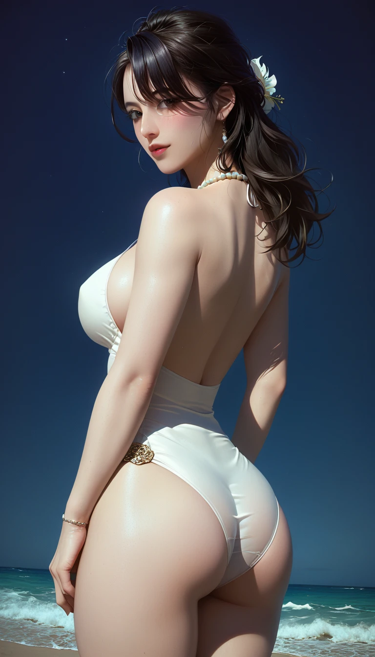 score_9, score_8_superior, score_7_superior, Masterpieces with up to 16K resolution,Highest quality,it is really amazing,Very detailed,Ultra-high resolution,(Ultra-realistic:1.1),(Realistic:1.1),Increased depth of field,Cinematic lighting,
Elegant Japanese MILF,
Long black hair,Ultra-detailed and beautiful faces,Translucent white skin,Very detailedな肌,
(Elegant white swimsuit:1.1),
Bold design,Artistic design,Beautiful and detailed pattern,Detailed fabric texture,
Gorgeous necklace,Earrings,
(Bali Beach:1.1),(Dark beach at night:1.1),(Deserted beach:1.1),(A pitch black night sky with dark clouds:1.1),
(Beautiful back view:1.1),