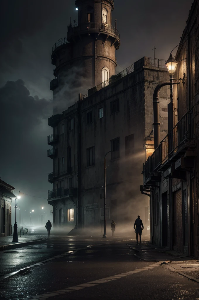 A mysterious port town in Salerno, intricate details, dramatic lighting, moody atmosphere, photorealistic, cinematic, digital art, vibrant colors, dynamic composition, mysterious figures, alluring shadows, gritty realism, industrial elements, weathered textures, mist and fog, dramatic clouds, glowing lights, architectural details, cinematic angle, hyper-detailed
