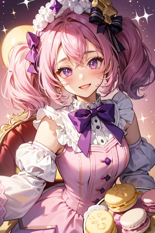 Jan Jam-Filled is a light purple macaron girl cat with grape-colored cream inside, on her head, and a drizzle across it. Her cheeks are pink blushed and she has one eye squinted and wide opened mouth. SPARKLE; GLITTER