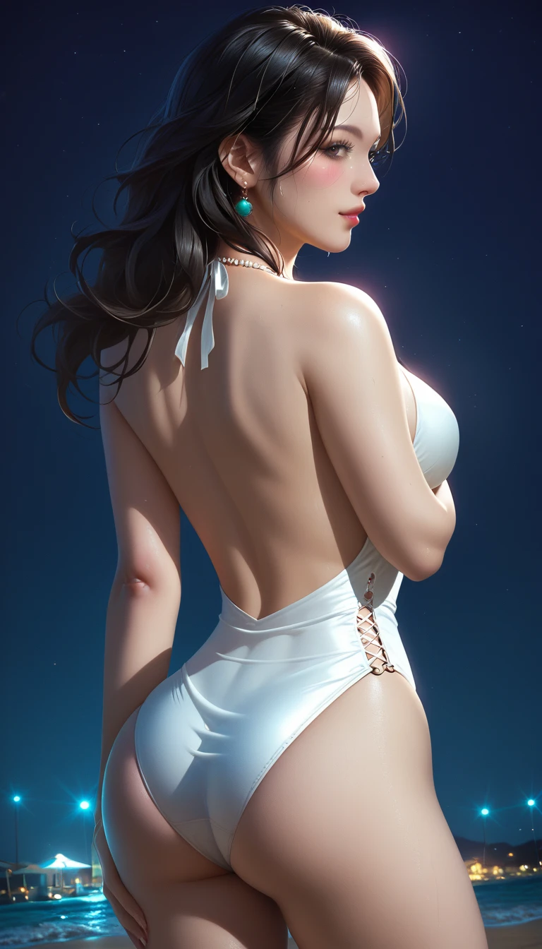 score_9, score_8_superior, score_7_superior, Masterpieces with up to 16K resolution,Highest quality,it is really amazing,Very detailed,Ultra-high resolution,(Ultra-realistic:1.1),(Realistic:1.1),Increased depth of field,Cinematic lighting,
Elegant Japanese MILF,
Long black hair,Ultra-detailed and beautiful faces,Translucent white skin,Very detailedな肌,
(Elegant white swimsuit:1.1),
Bold design,Artistic design,Beautiful and detailed pattern,Detailed fabric texture,
Gorgeous necklace,Earrings,
(Bali Beach:1.1),(Dark beach at night:1.1),(Deserted beach:1.1),(A pitch black night sky with dark clouds:1.1),
(Beautiful back view:1.1),