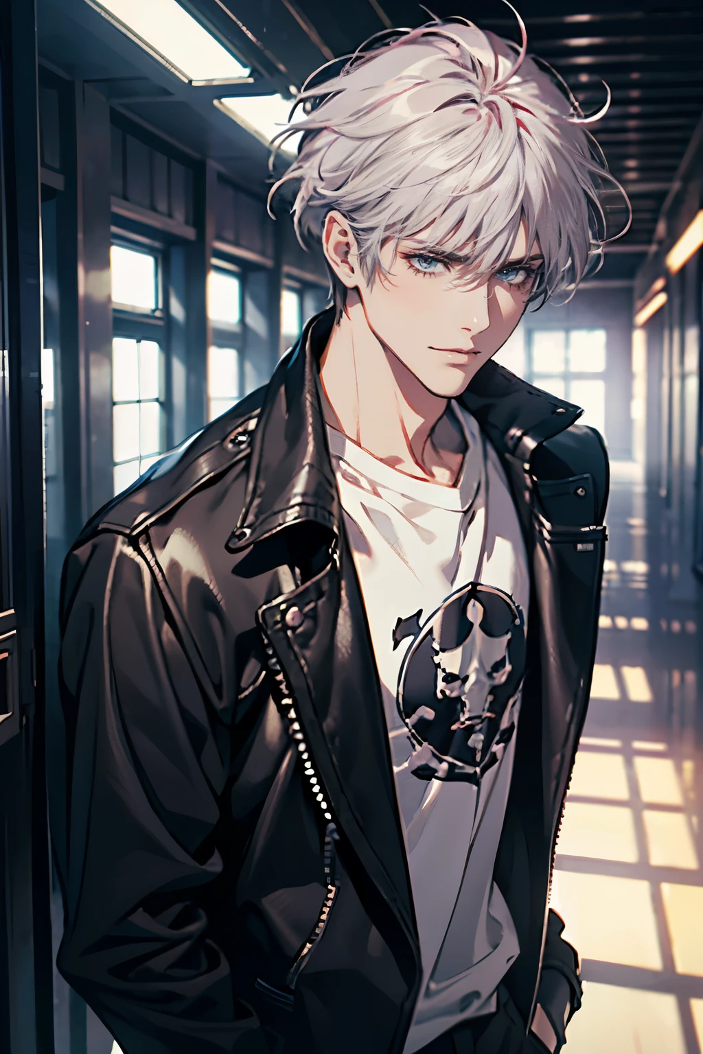 (tmasterpiece, high resolution, ultra - detailed:1.0), (1 boy, Young male, masculine face), Perfect male body, Adult male, Delicate eyes and delicate face, Extremely detailed CG, Unity 8k wallpaper, Complicated details, Detailed face, (gray pink hair, messy hair, serious faces, white T-shirt,Bad students), (frown,evil smile:1.3), hand in pocket, school corridor,black leather jacket, color difference, Depth of field, dramatic shadow, Ray tracing, Best quality, Cinematic lighting, offcial art,Portrait