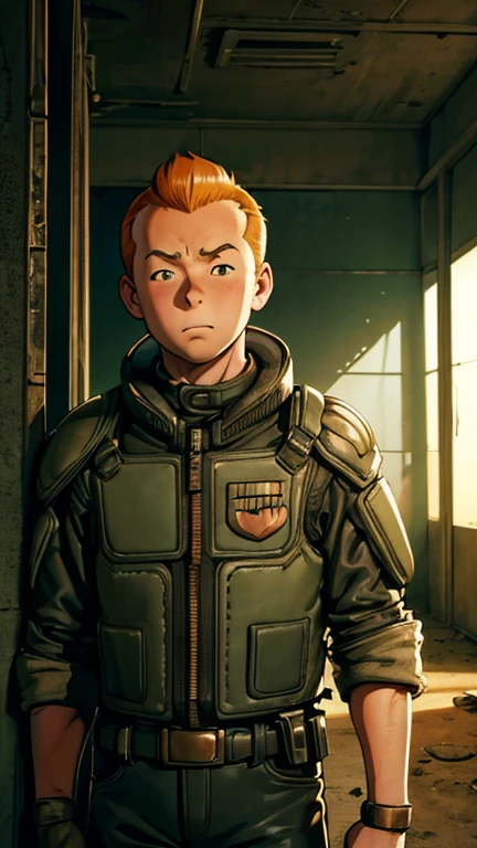 (Teens:1boy: Tintin), (extremely detailed CG unit 8k wallpaper),(master part), (best quality), (ultra detail), (best illustration),(melhor ombre), cowboy shot, (Sharp eyeliner, ombre, detail eyes:1), post apocalyptic interiors background, ,break , (jdgdrdd), upper body, short hair, dark orange hair