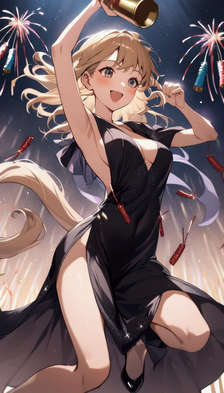 1girl, tall girl, backless gown expose her shoulder, long tailed gown, jumping stance, holding high a Champion Cup, happy expression, glitter shower, firecrackers, multi color smoke, 