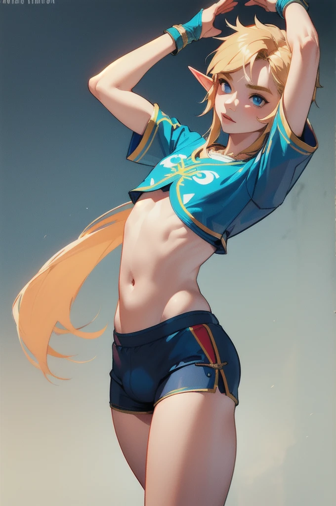 1 boy, solo, 1 boy, solo, solo, masterpiece, best quality, 18 years old, link, elf, long blonde hair, blue eyes, crop top, short shorts, bulge,