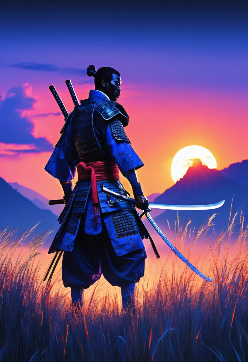 Dramatic silhouette image featuring a lone black man samurai standing against a large, glowing sunset. The samurai is wearing a traditional African designed clothes and holding a katana, with the blade resting on his shoulder. The background is dominated by the intense blue and white hues of the setting sun, which creates a striking contrast with the dark figure of the samurai. The foreground shows blue neon lit tall grass in shadow, adding depth to the scene. The overall composition emphasizes the solitary and stoic nature of the samurai, set against a vivid and expansive sky.