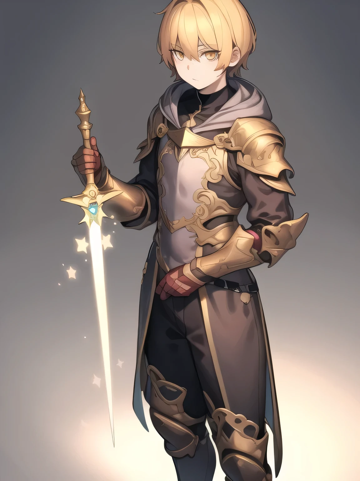 masterpiece , detailed , best quality yellow hair , light orange eyes , Chico , magician , short hair , hood , standing , magic weapon in hand , knight , Whole body , standing