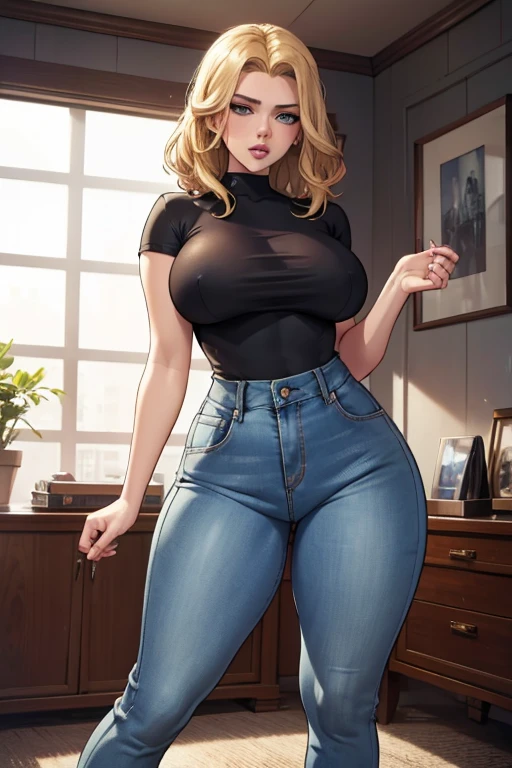 Scarlett Johansson in tight jeans and a blue top is posing for a picture, an album cover by Louisa Puller, instagram, tachisme, thicc, domme mistress, skinny waist and thick hips, thick thighs, tight outfit, tight attire, insanely inflated hips, thick, thick thigs, curvy, wearing tight simple clothes, small breast,1solo,1girl,full body portrait, professional draw, professional photography, blonde hair,