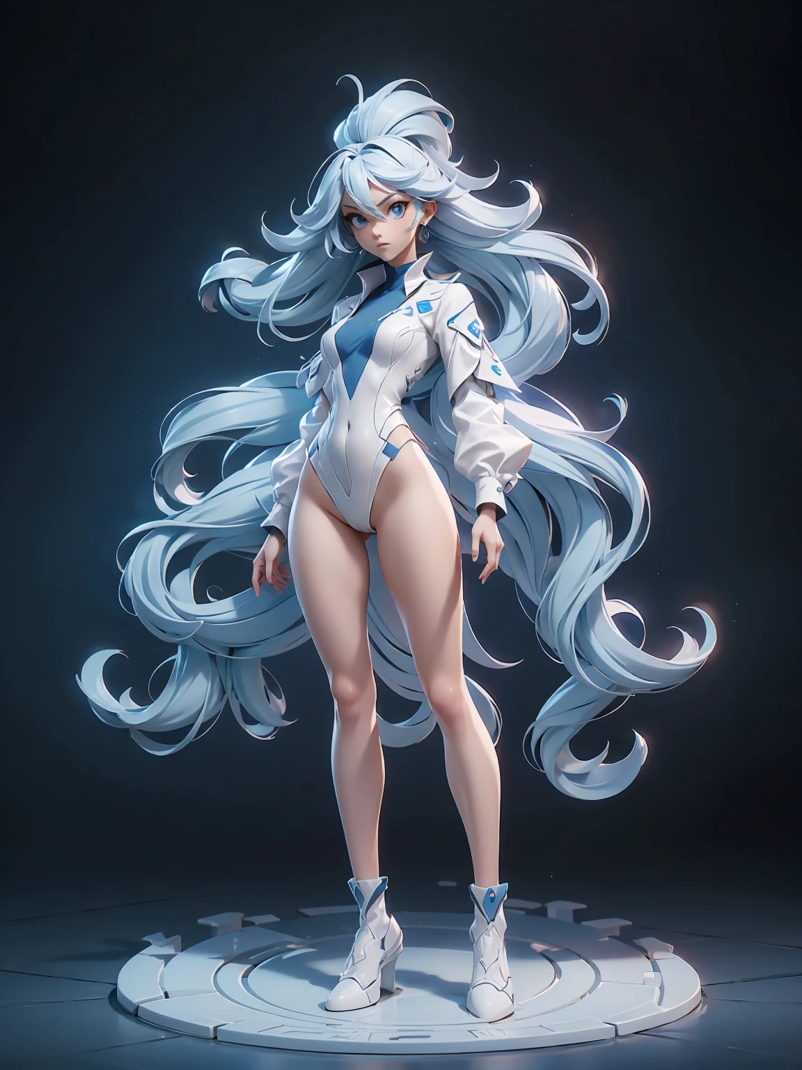 Design a layout showcase Gaming character, (1girl). Blue + white sleek clothes, stylish and unique, medium hair, stylish and wavy ((full_body_shot:1.4)))