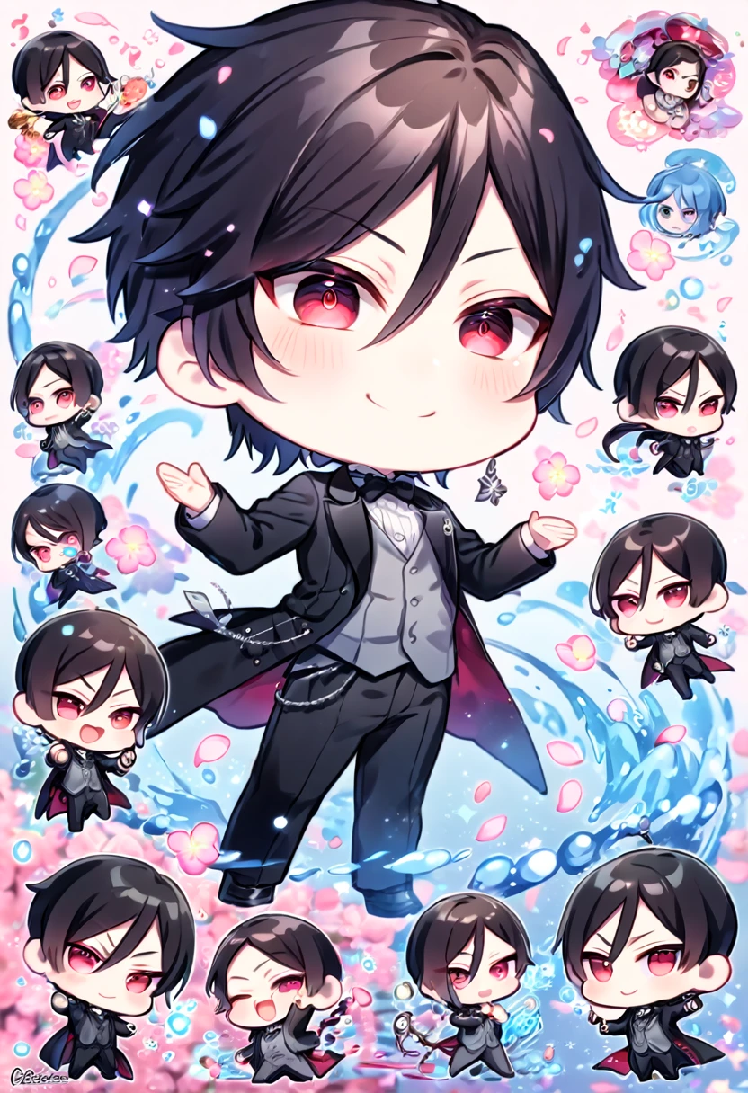 absurdres, highres, ultra detailed, HDR, master piece, Sebastian Michaelis, black hair, expressive red eyes, black jacket, white shirt, grey vest, black pants, Kuroshitsuji, cute, chibi, best quality, blossoms, pink petals, pink flowers, fantasy, magical, blue shining fireflies, solo, water, smile, Black Butler, music notes