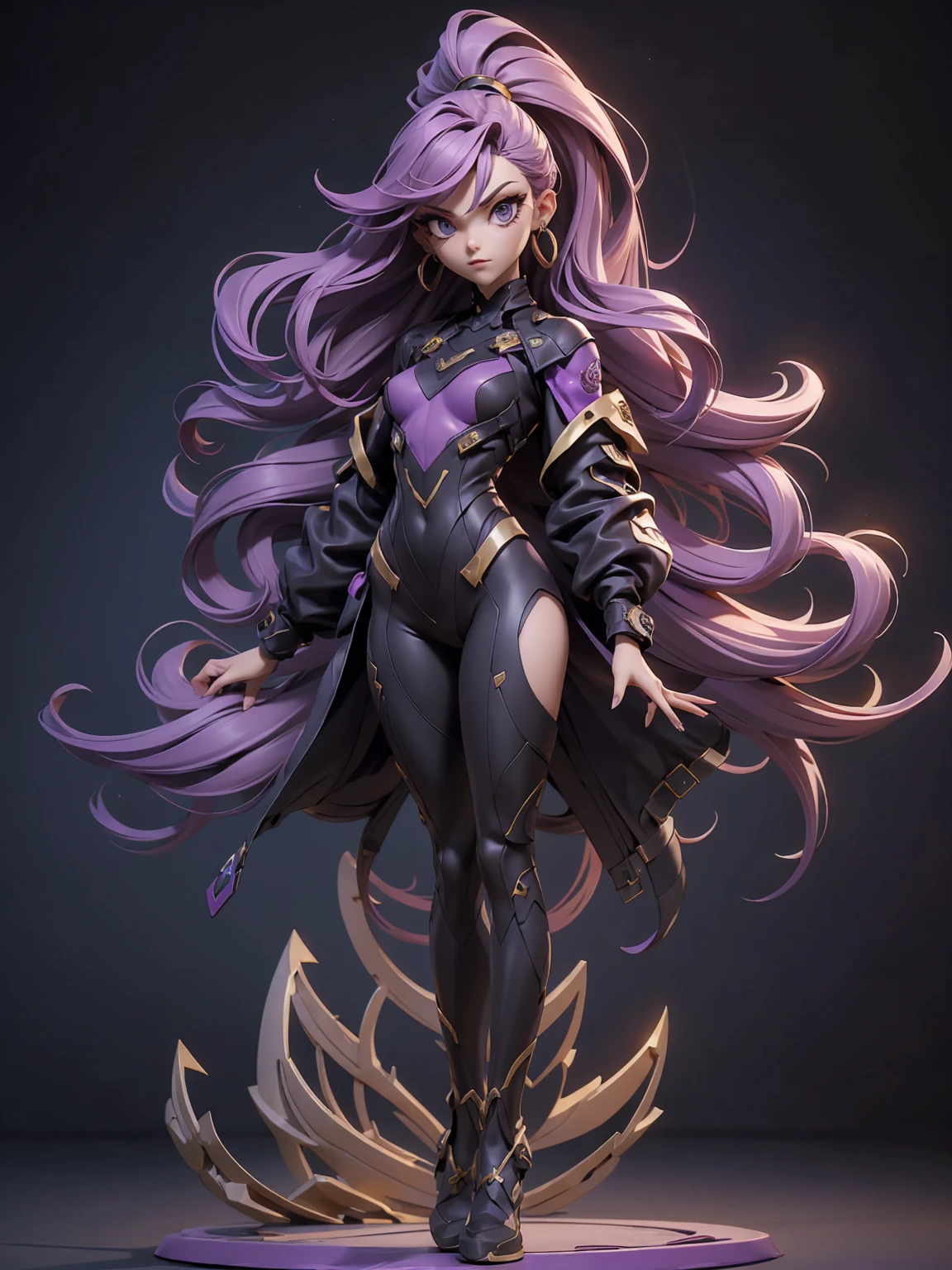 Design a layout showcase Gaming character, (1girl). Purple + gold sleek clothes, stylish and unique, medium hair, stylish and wavy ((full_body_shot:1.4)))