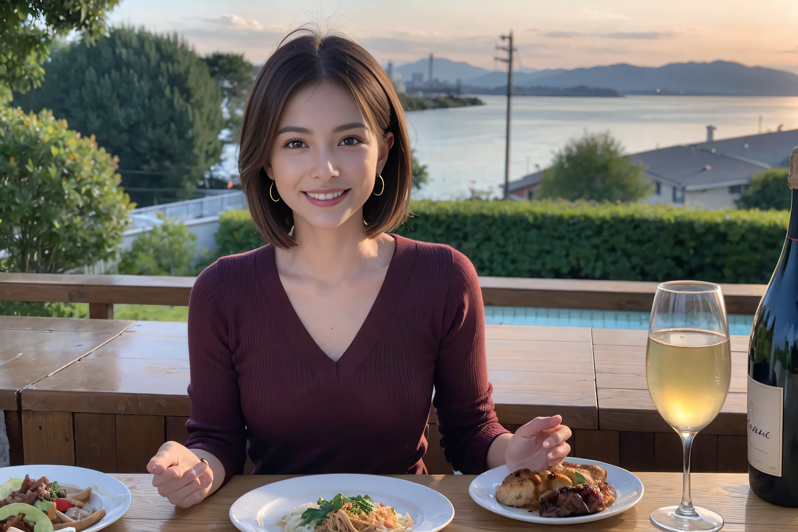 （Realistic:1.1）,(masterpiece,Highest quality)，8k,(49 years old), 50 years old, slimカップル、Tight waist,Upper Body,full-course dinner、wine 、Amazing view of the sunset sky and clouds、Perfect Anatomy, Brown Hair, short hair,Random Hairstyles,((Highly detailed face and eyes:1.2))，Perfect golden ratio face，Long sleeve shirt、dress,(smile:1.2)、Shortcuts、cute、(Realistic, Intricate details:1.2), A bright smile、short hair,Bright Face、赤wine 、Appetizers、Italian food、wine bottle、Champagne、スパークリングwine、(slimな顔), (The body is slim), (Brown Hair), (Shortcuts),  Upper Body, 白wine, slim, wineグラス, 