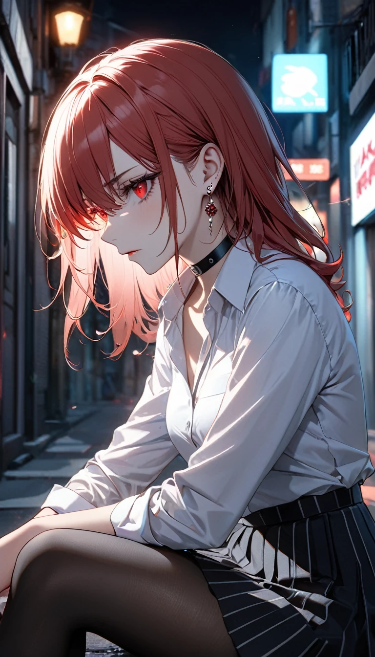 best quality, super_delicate, super delicate eyes, ultra detailed, beautiful, 8k , 1girl, red eyes, evil, looking sideway, facial profile, street, sitting, business shirt, skirt, earrings, choker, black tights, nikke, night