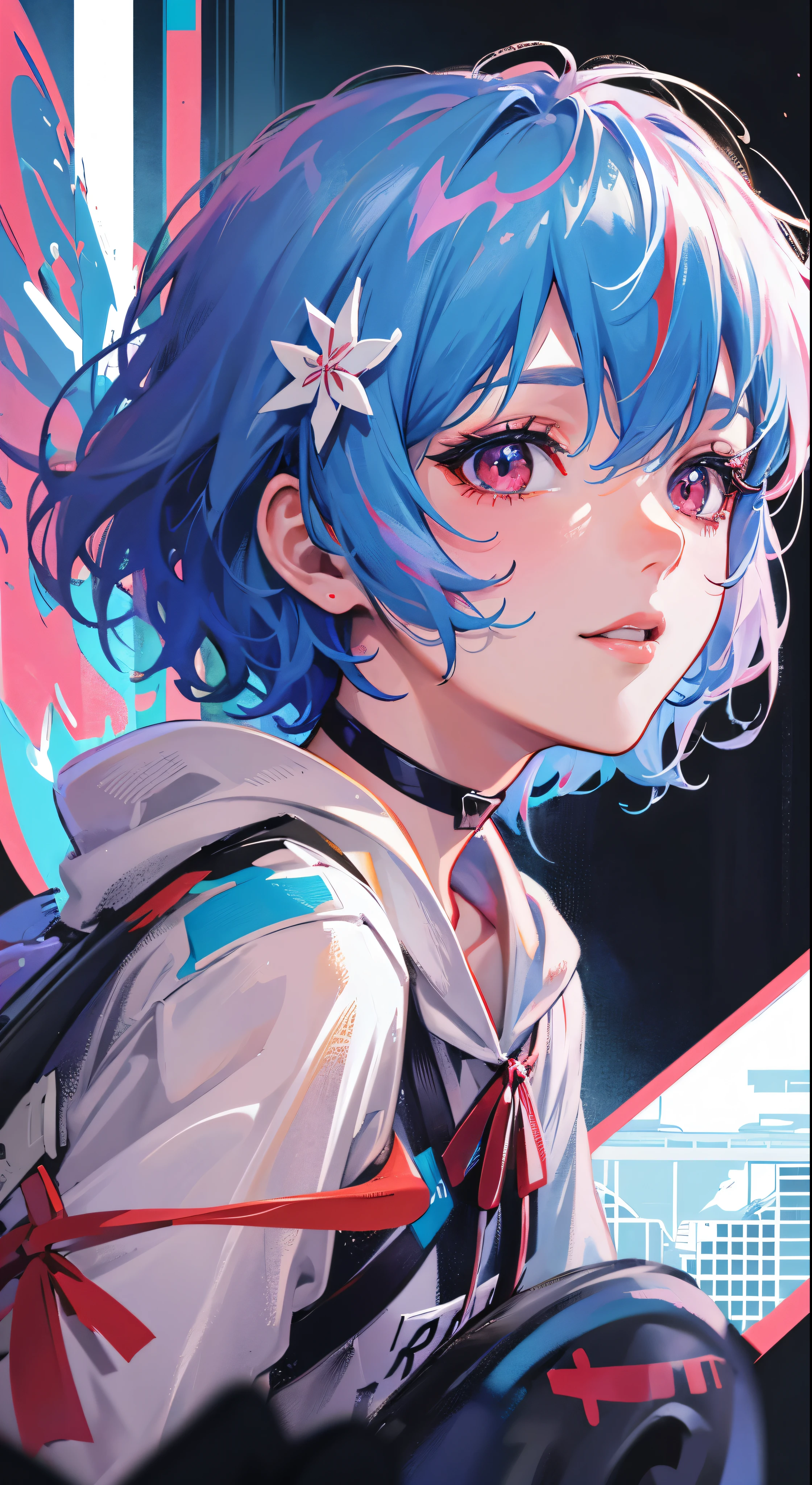 masterpiece portrait of smiling Rei Ayanami (evangelion), evangelion (Hideaki), caustics, high resolution illustration, red eyes, feminine, no pupils, blue hair,  short hair, japanese , loafers, swpunk, synthwave, paint splatters, shaded flat illustration, digital art, trending on artstation, highly detailed, fine detail, intricate, splatter, outrun, vaporware, neon colors