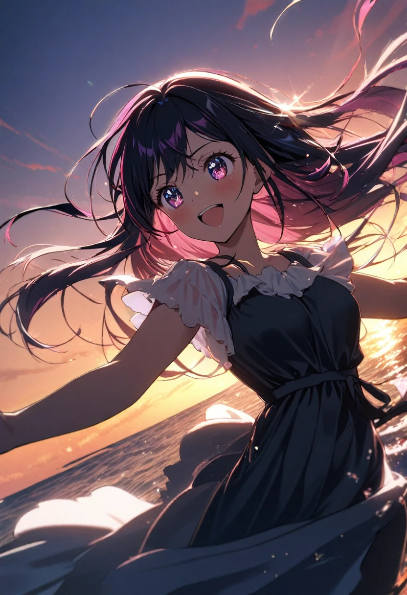 1girl, hoshino ai (oshi no ko), ship's bow, arms outstretched, flowing dress, wind effect, sunset sky, ocean spray, dramatic backlighting, eyes sparkling with wonder, radiant smile, exhilarated expression, hair streaming behind, sense of freedom, emotional lighting, masterpiece, best quality, absurdres

