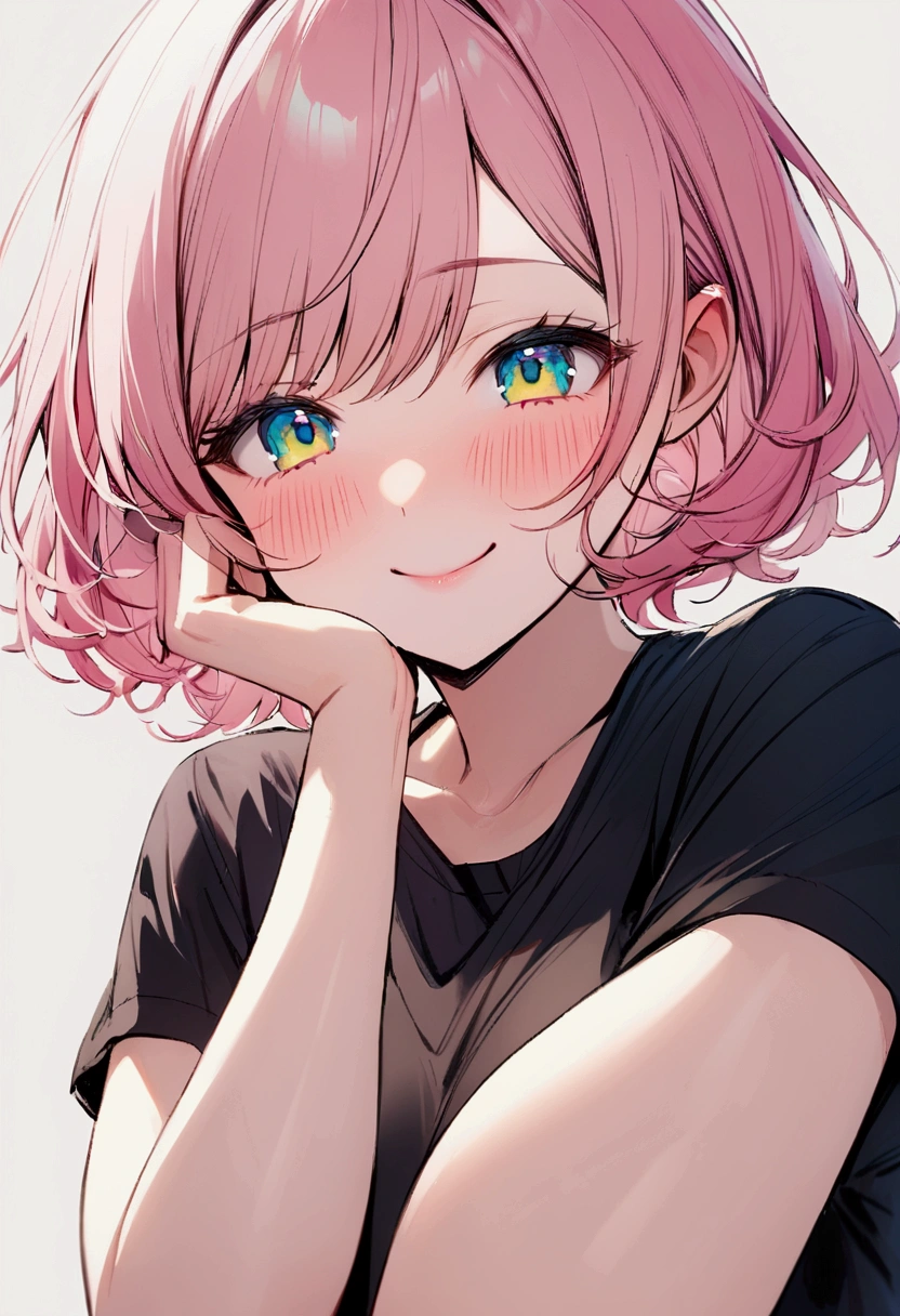 Young woman, short hair, pink-yellow hair, blue-yellow-green eyes, Blue Makeup, black shirt, simple background, smiling, blushing,