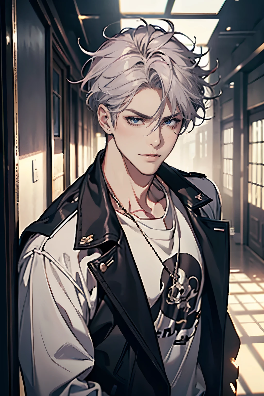 (tmasterpiece, high resolution, ultra - detailed:1.0), (1 boy, Young male, masculine face), Perfect male body, Adult male, Delicate eyes and delicate face, Extremely detailed CG, Unity 8k wallpaper, Complicated details, Detailed face, (gray pink hair, messy hair, serious faces, white T-shirt,Bad students), (frown,evil smile:1.3), hand in pocket, school corridor,black leather jacket, color difference, Depth of field, dramatic shadow, Ray tracing, Best quality, Cinematic lighting, offcial art,Portrait
