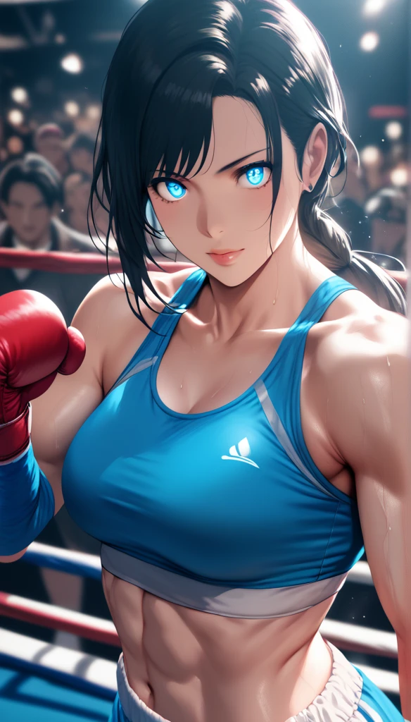 (hews art style:0.7), score_9, score_8_up, score_7_up, score_6_up, score_5_up, score_4_up, 1 girl, 23 years old, long black hair, handsome face, toned, sports bra, boxing gloves, boxing stance, high quality, masterpieceBREAK (masterpiece:1.2), best quality, high resolution, (illustration:0.8), (detailed eyes:1.3), perfect lighting, (perfect hands, perfect anatomy) 